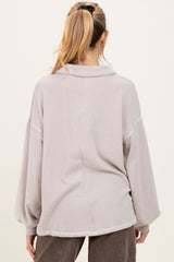 Oatmeal Solid Ribbed Long Sleeve Button Down Collared Maternity Top