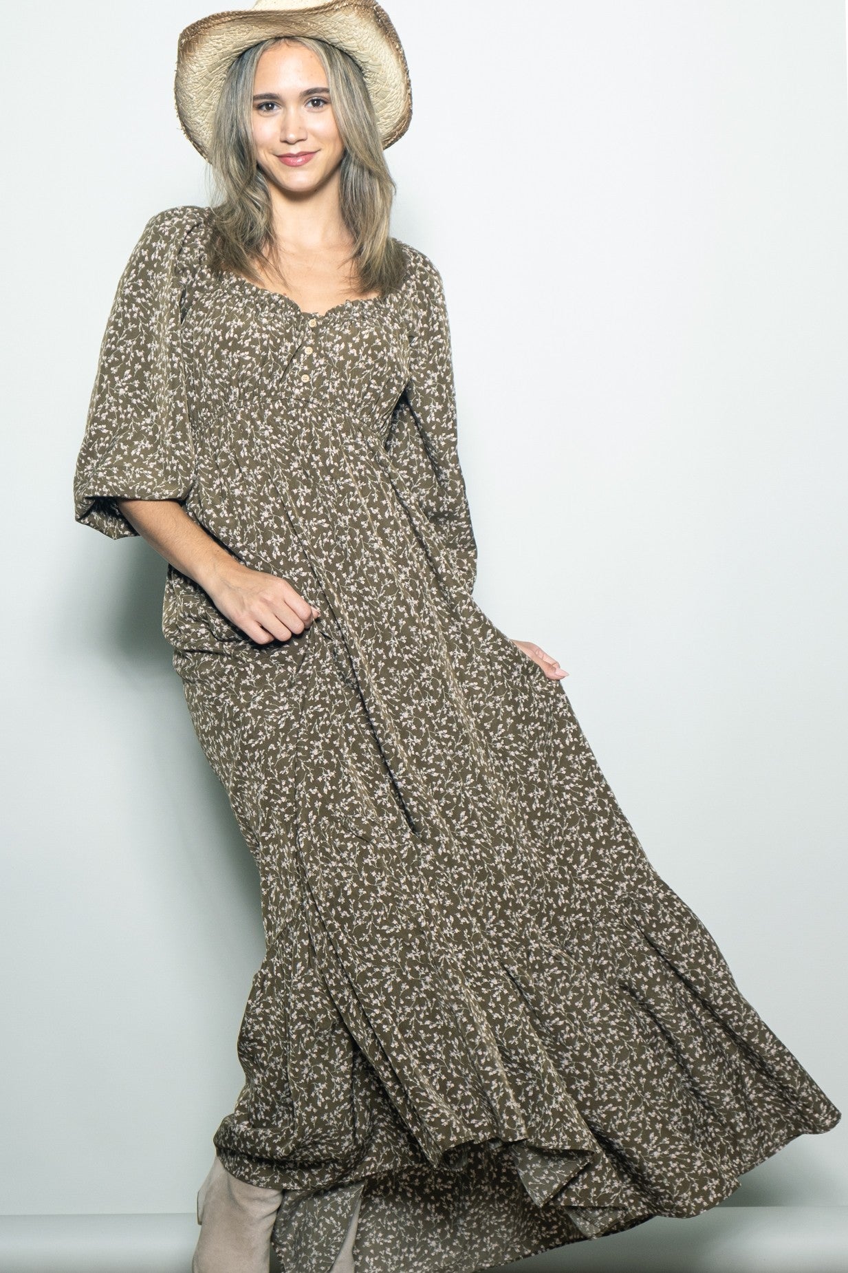 Olive Floral Button Accent Long Sleeve Maternity Maxi Dress