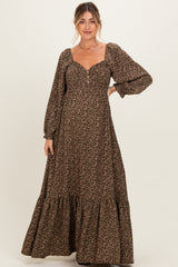 Olive Floral Button Accent Long Sleeve Maternity Maxi Dress