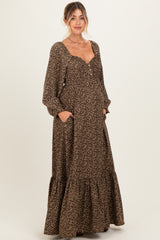 Olive Floral Button Accent Long Sleeve Maternity Maxi Dress