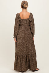 Olive Floral Button Accent Long Sleeve Maternity Maxi Dress