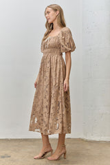 Mocha Lace Puff Sleeve Midi Dress