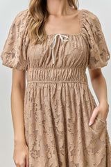 Mocha Lace Puff Sleeve Midi Dress