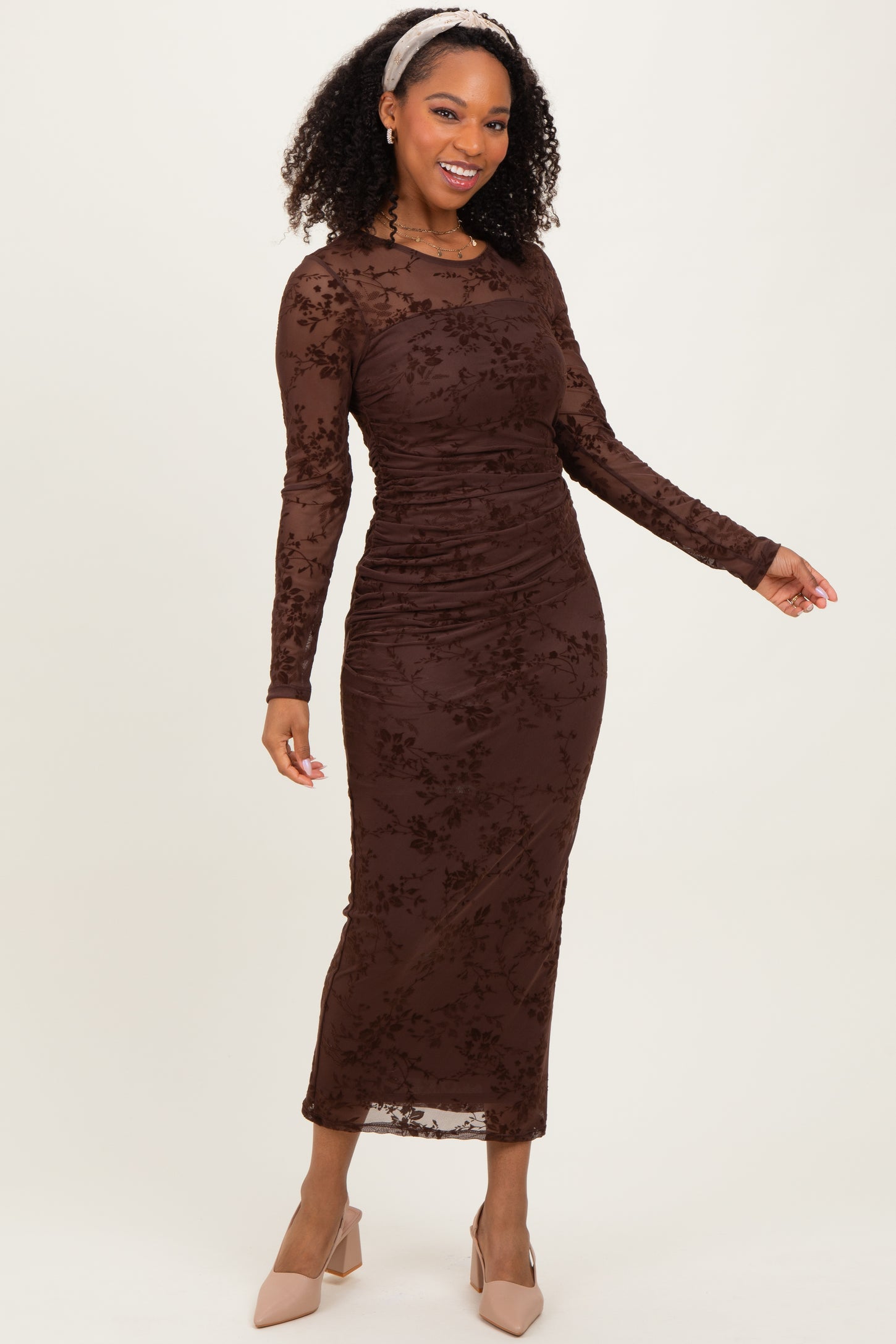 Brown Floral Flocked Mesh Long Sleeve Maternity Midi Dress