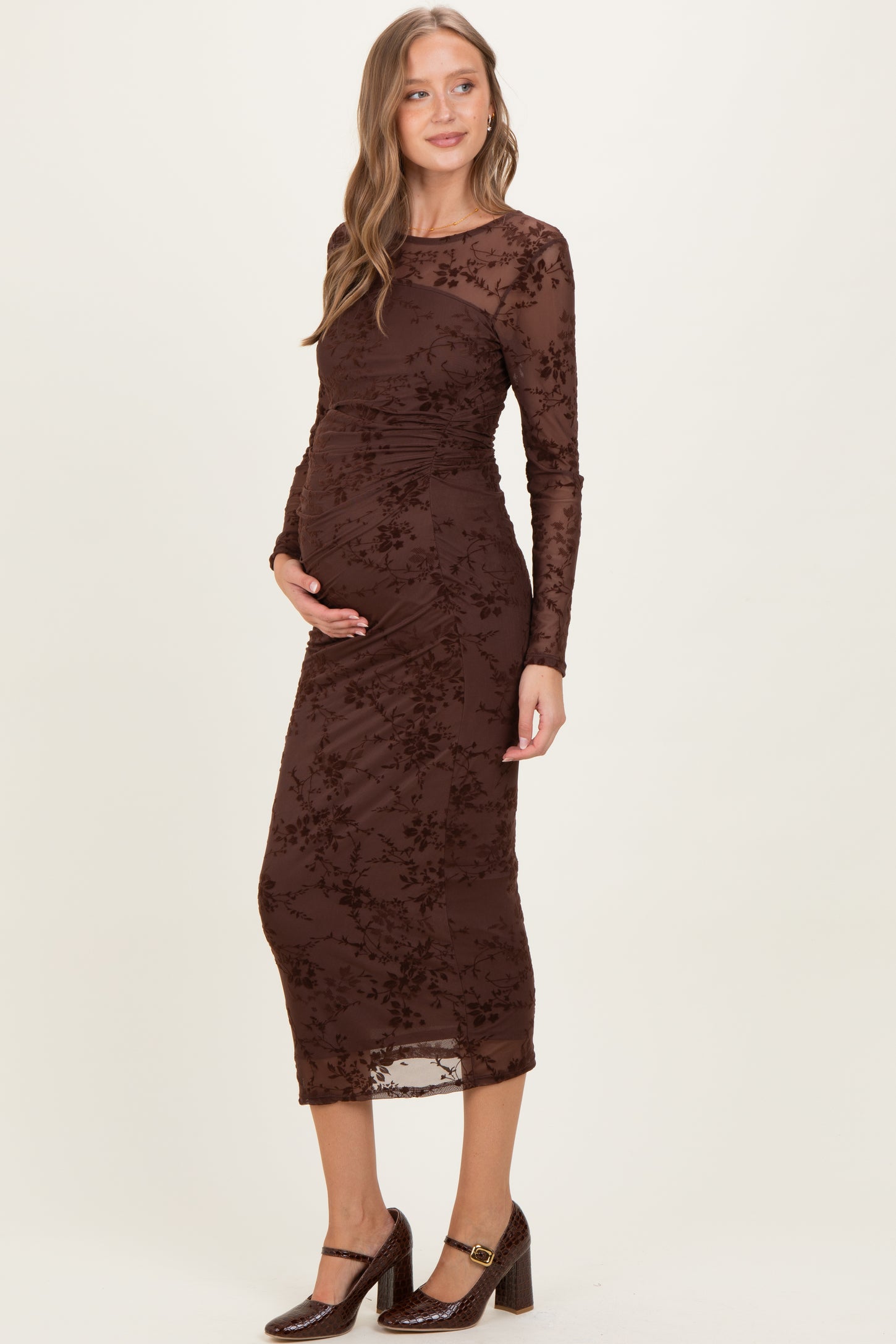 Brown Floral Flocked Mesh Long Sleeve Maternity Midi Dress