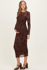 Brown Floral Flocked Mesh Long Sleeve Maternity Midi Dress