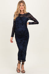 Navy Floral Flocked Mesh Long Sleeve Maternity Midi Dress