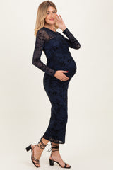 Navy Floral Flocked Mesh Long Sleeve Maternity Midi Dress