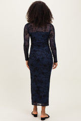 Navy Floral Flocked Mesh Long Sleeve Midi Dress
