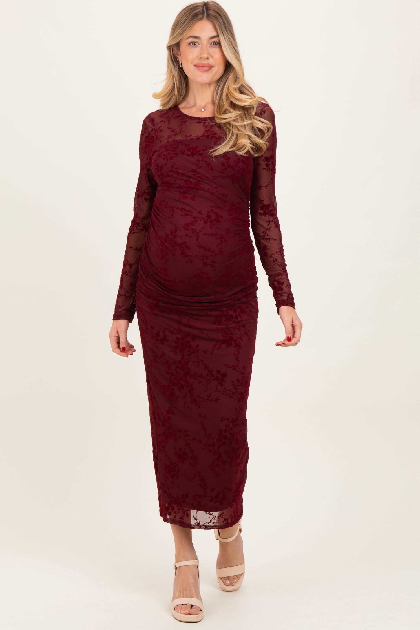Burgundy Floral Flocked Mesh Long Sleeve Maternity Midi Dress