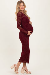 Burgundy Floral Flocked Mesh Long Sleeve Maternity Midi Dress