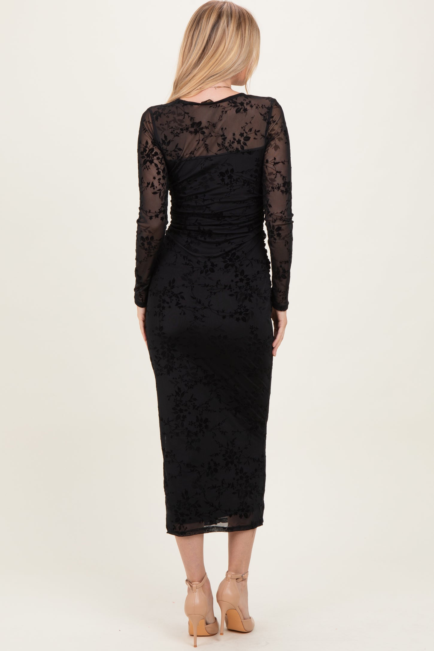 Black Floral Flocked Mesh Long Sleeve Midi Dress