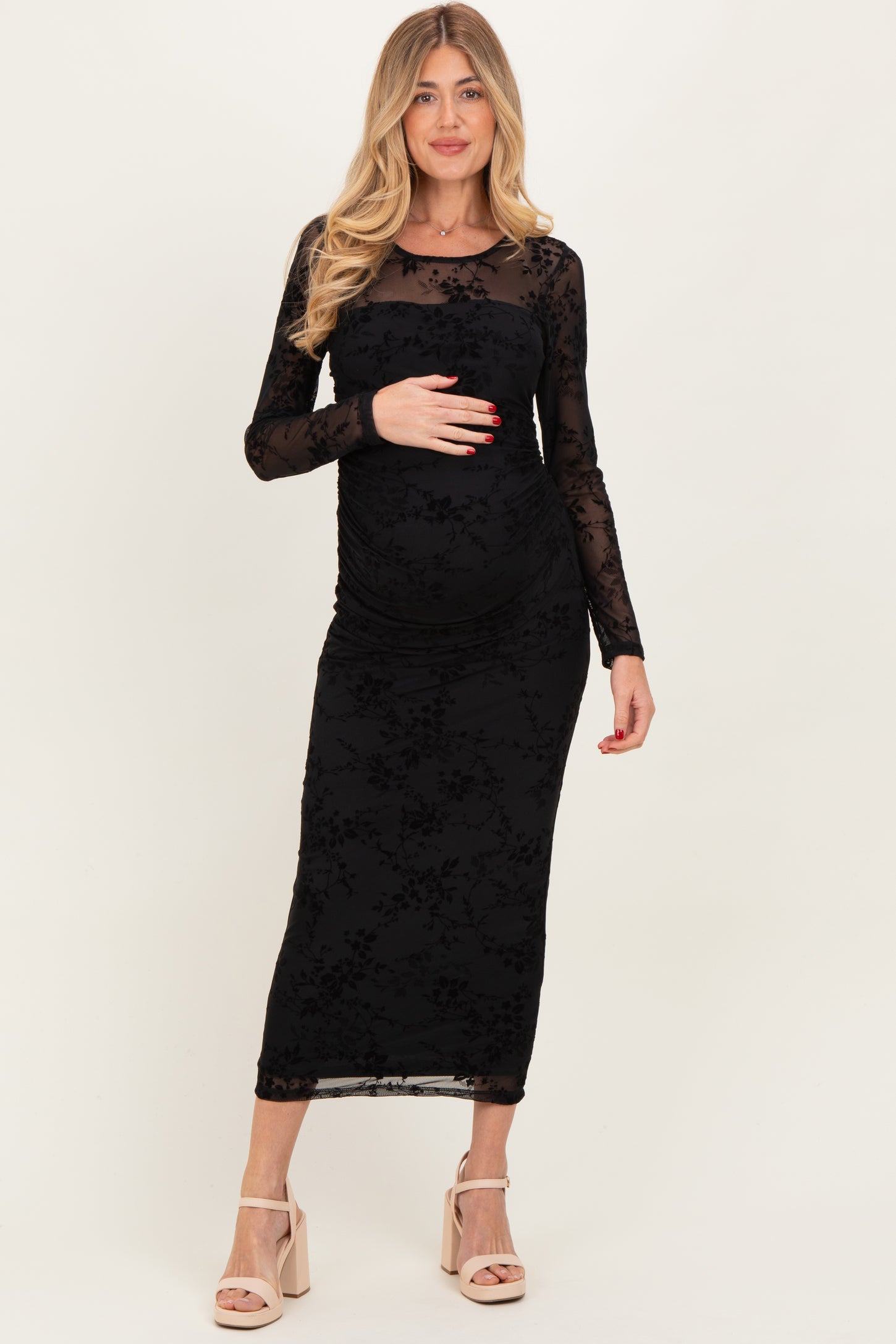 Black Floral Flocked Mesh Long Sleeve Maternity Midi Dress