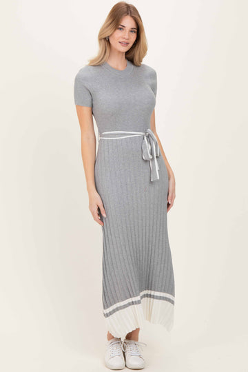 Heather Grey Knit Pleated Sash Tie Midi Dress