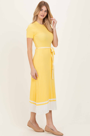 Yellow Knit Pleated Sash Tie Midi Dress