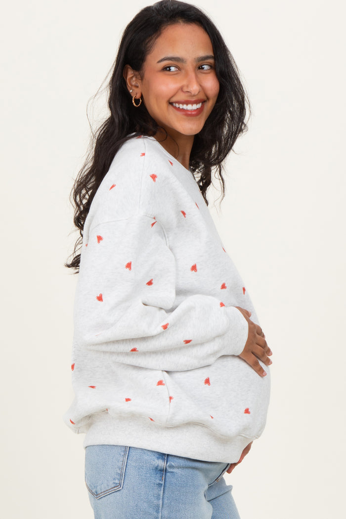 Heather Grey Crew Neck Heart Print Maternity Sweatshirt