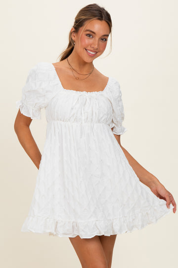 White Textured Puff Sleeve Dress