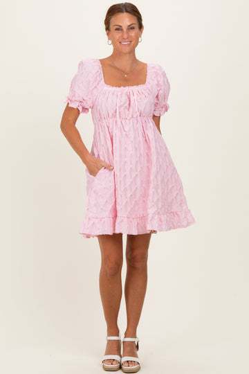 Pink Textured Puff Sleeve Dress