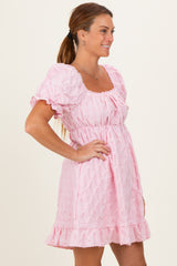 Pink Textured Puff Sleeve Dress