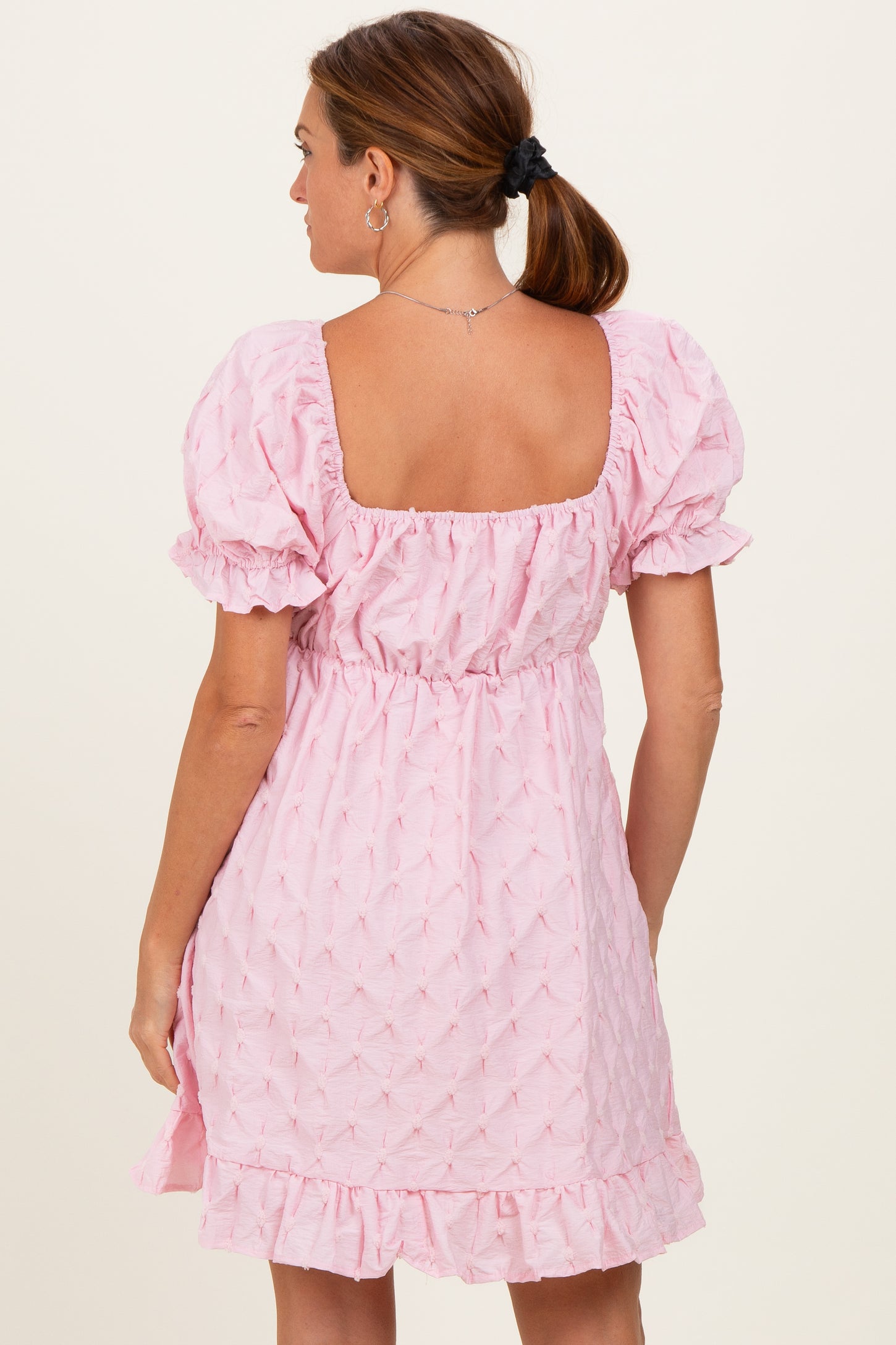 Pink Textured Puff Sleeve Dress