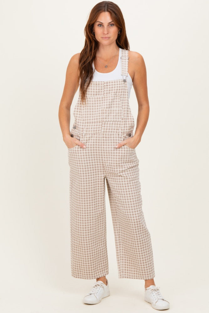 Light Taupe Gingham Maternity Denim Overalls