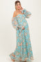 Mint Floral Lace Smocked Long Sleeve Off Shoulder Maternity Maxi Dress