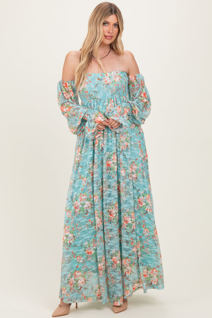 Mint Floral Lace Smocked Long Sleeve Off Shoulder Maternity Maxi Dress