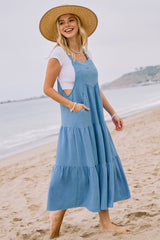 Aqua Blue Button Sling Tiered Maternity Midi Dress