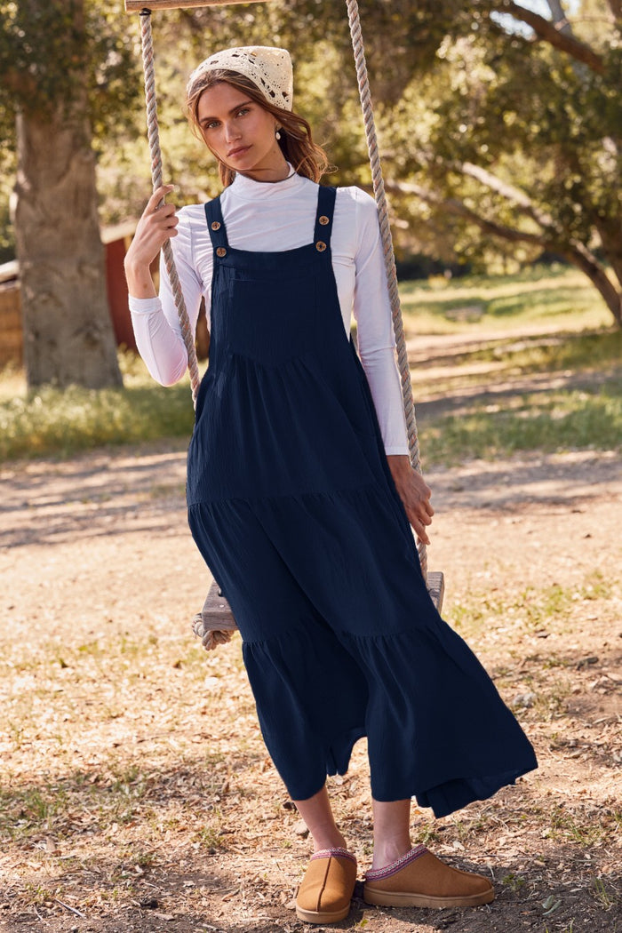 Navy Blue Button Sling Tiered Maternity Midi Dress