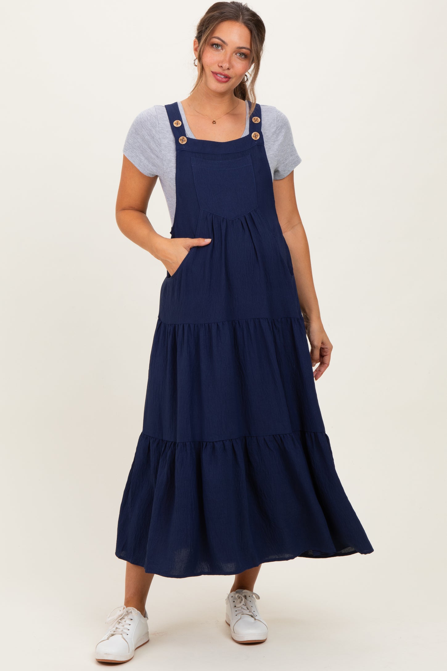 Navy Blue Button Sling Tiered Maternity Midi Dress