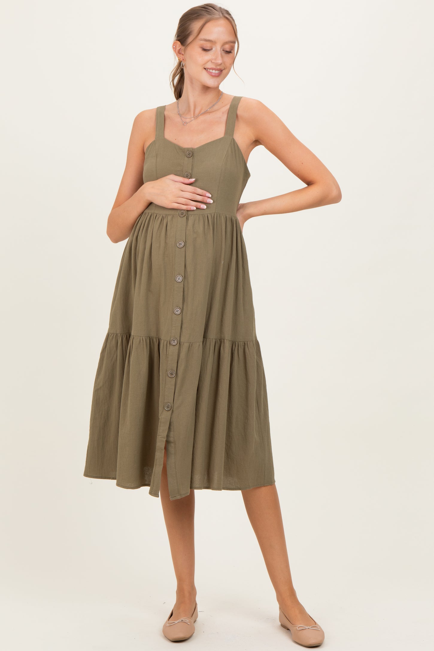 Olive Sleeveless Button Down Tiered Maternity Midi Dress