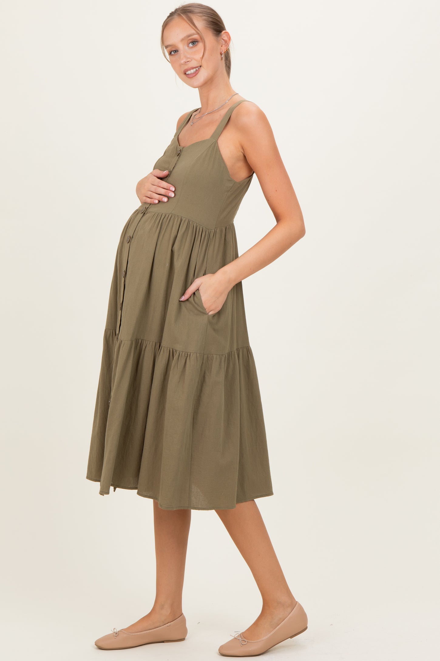 Olive Sleeveless Button Down Tiered Maternity Midi Dress