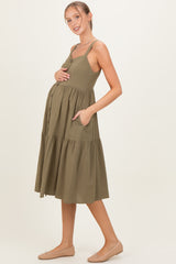 Olive Sleeveless Button Down Tiered Maternity Midi Dress