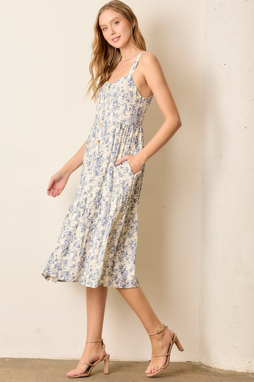 Blue Floral Button Down Tiered Dress