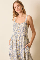 Blue Floral Button Down Tiered Dress