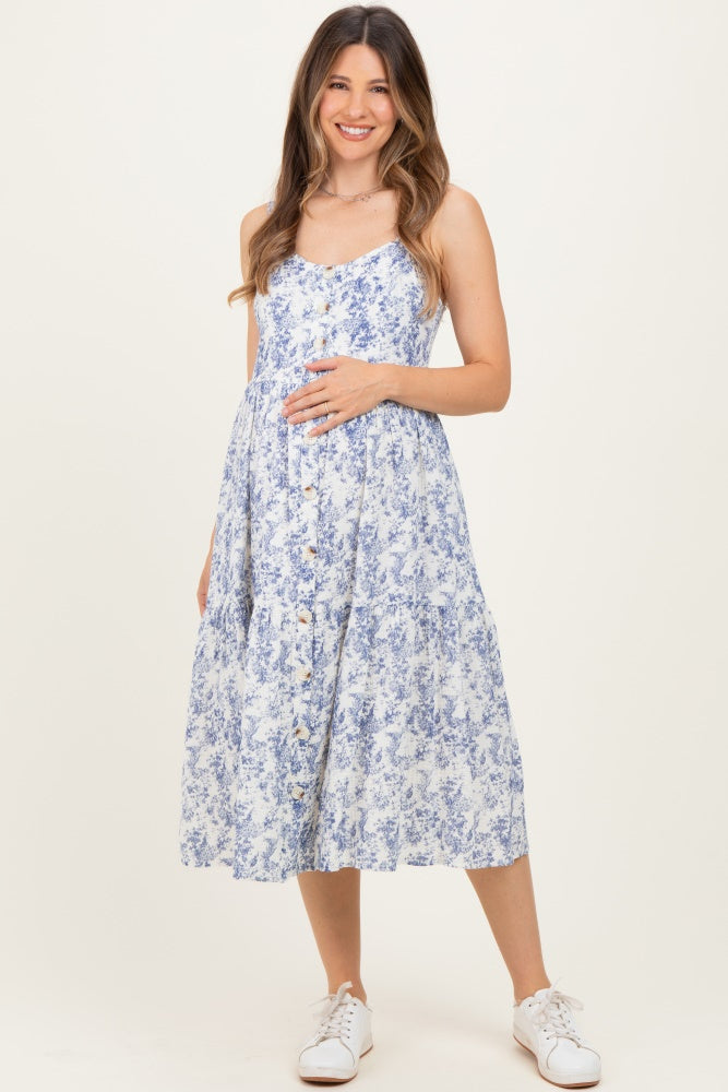 Blue Floral Button Down Tiered Maternity Dress