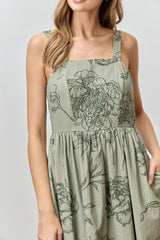 Light Olive Floral Sleeveless Midi Dress