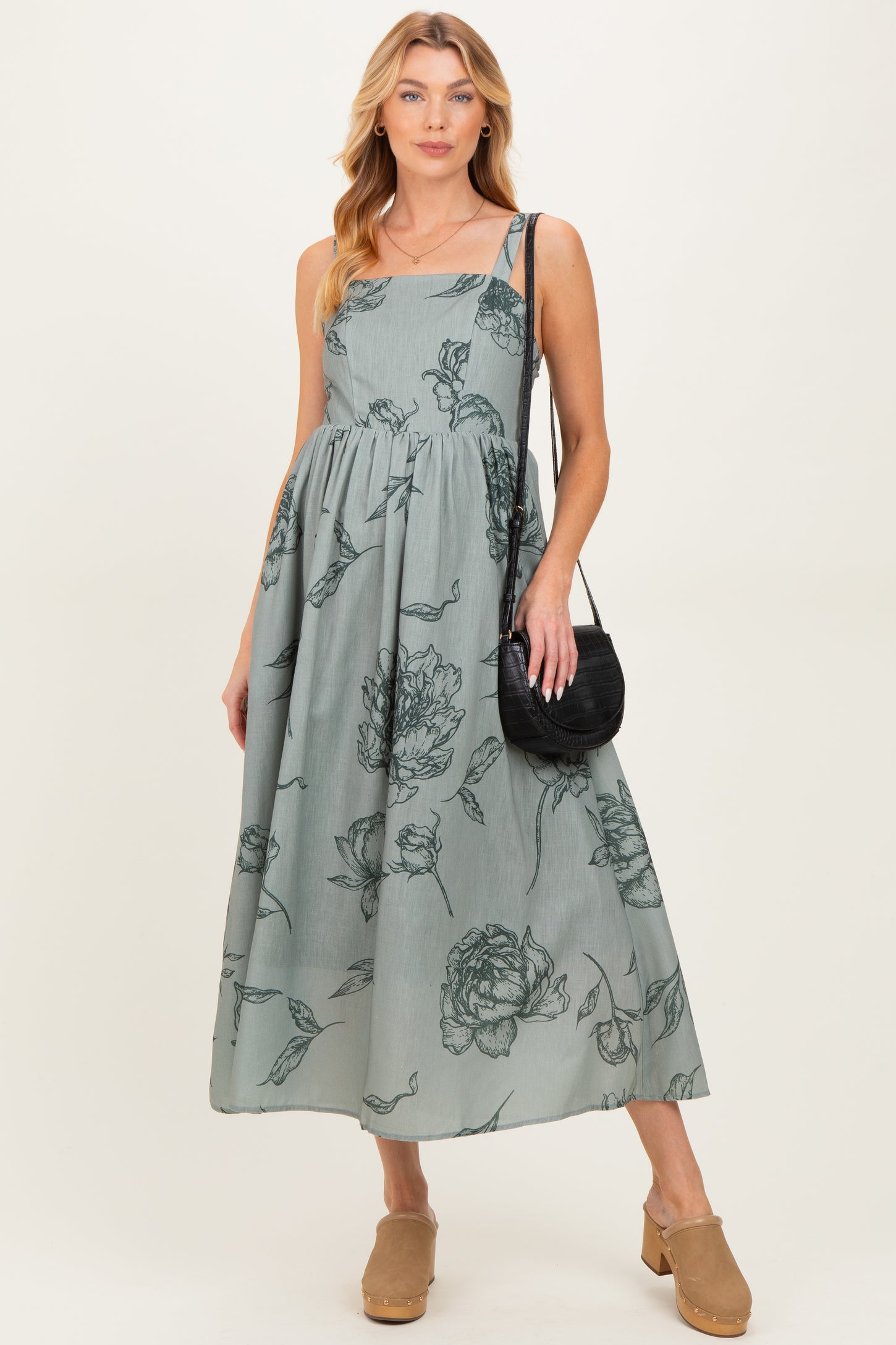 Light Olive Floral Sleeveless Maternity Midi Dress