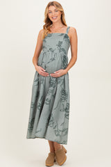 Light Olive Floral Sleeveless Maternity Midi Dress