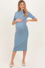 Dusty Blue Ribbed Mock Neck Maternity Midi Dress