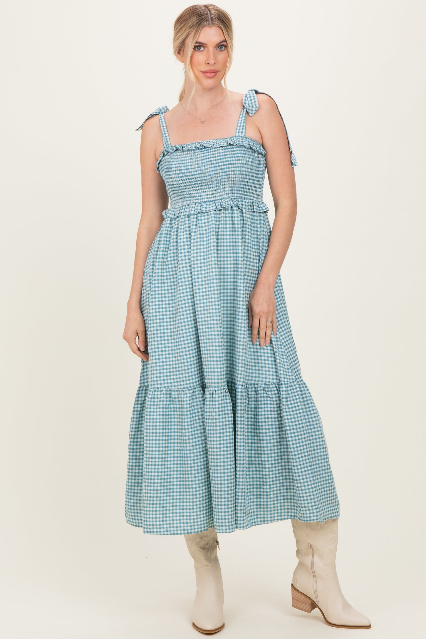 Blue Gingham Smocked Shoulder Tie Maternity Midi Dress