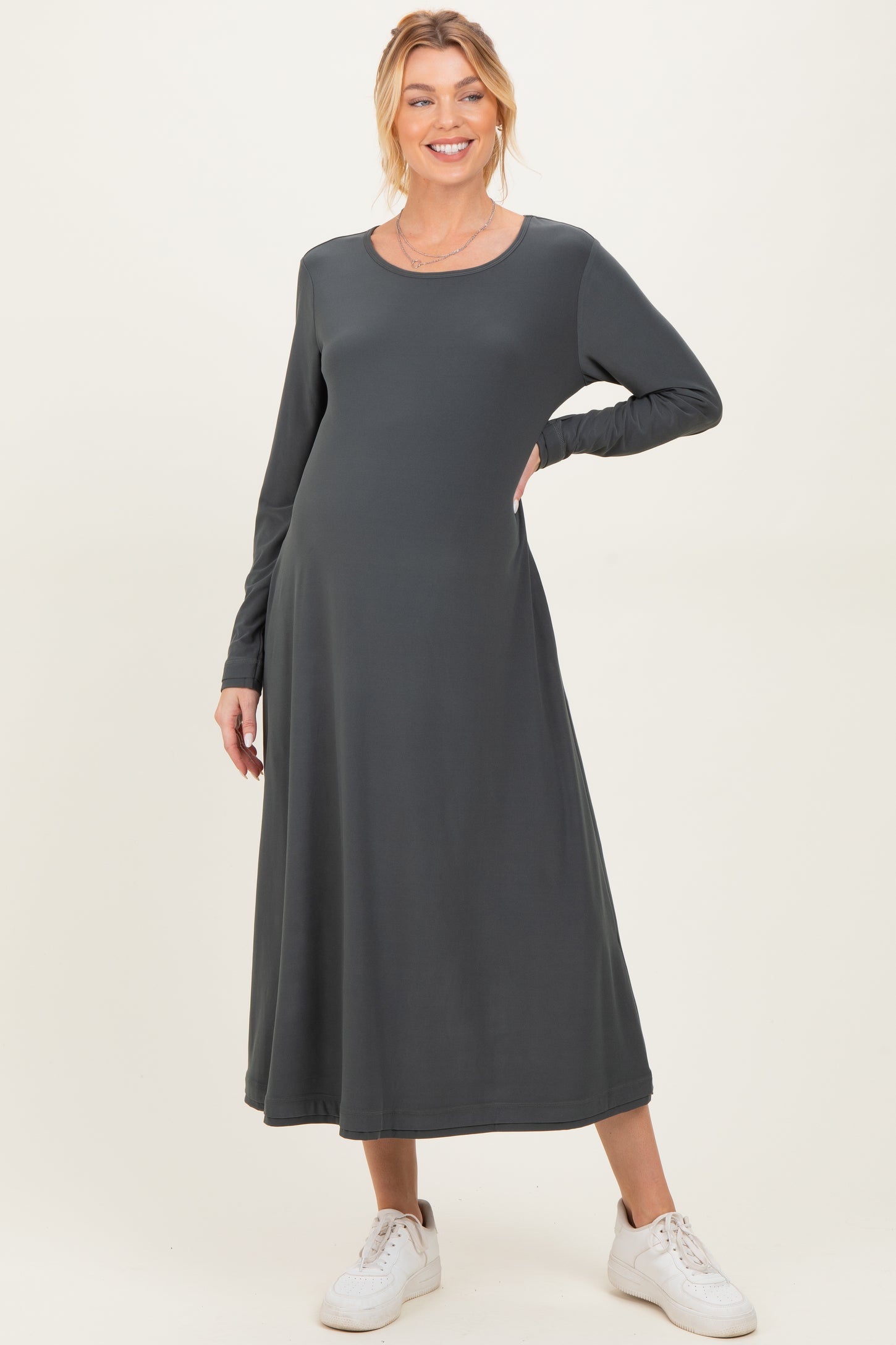 Olive Relaxed Fit Long Sleeve Basic Maternity Dress