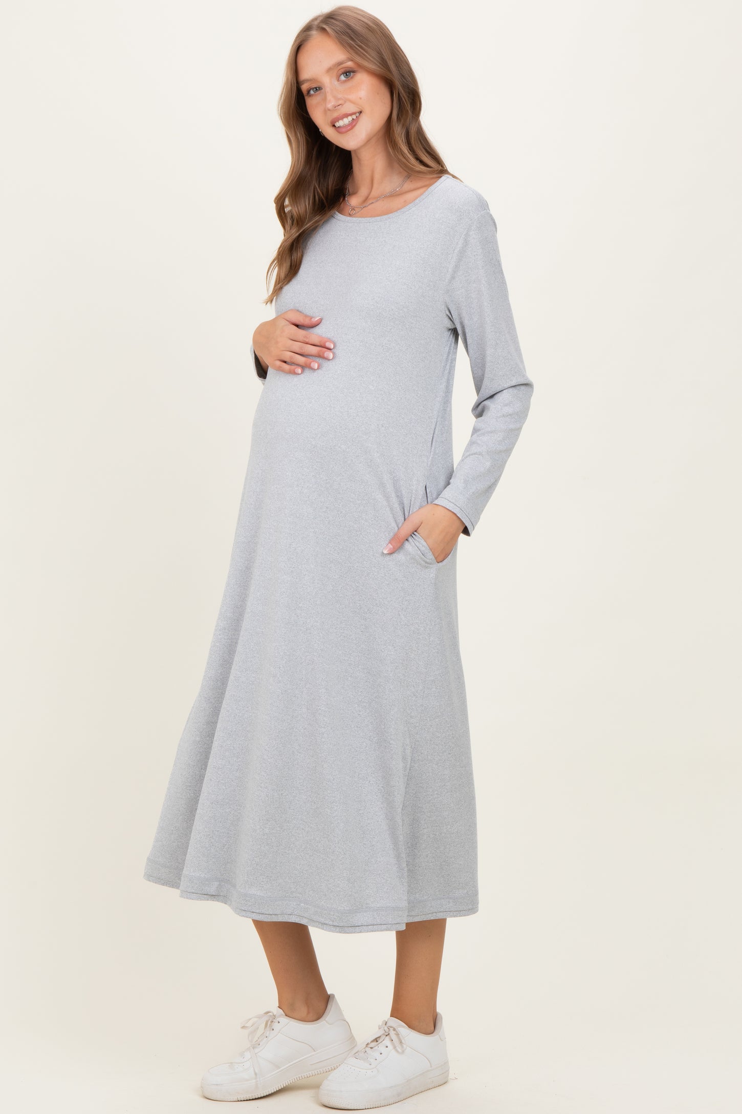 Heather Grey Relaxed Fit Long Sleeve Basic Maternity Dress