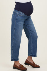 Blue Cropped Barrel Leg Maternity Jeans