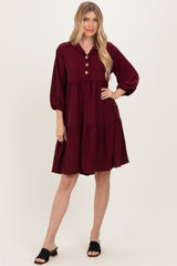 Burgundy Long Sleeve Button Down Collared Tiered Maternity Dress