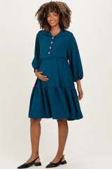 Dark Teal Long Sleeve Button Down Collared Tiered Maternity Dress