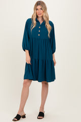 Dark Teal Long Sleeve Button Down Collared Tiered Maternity Dress
