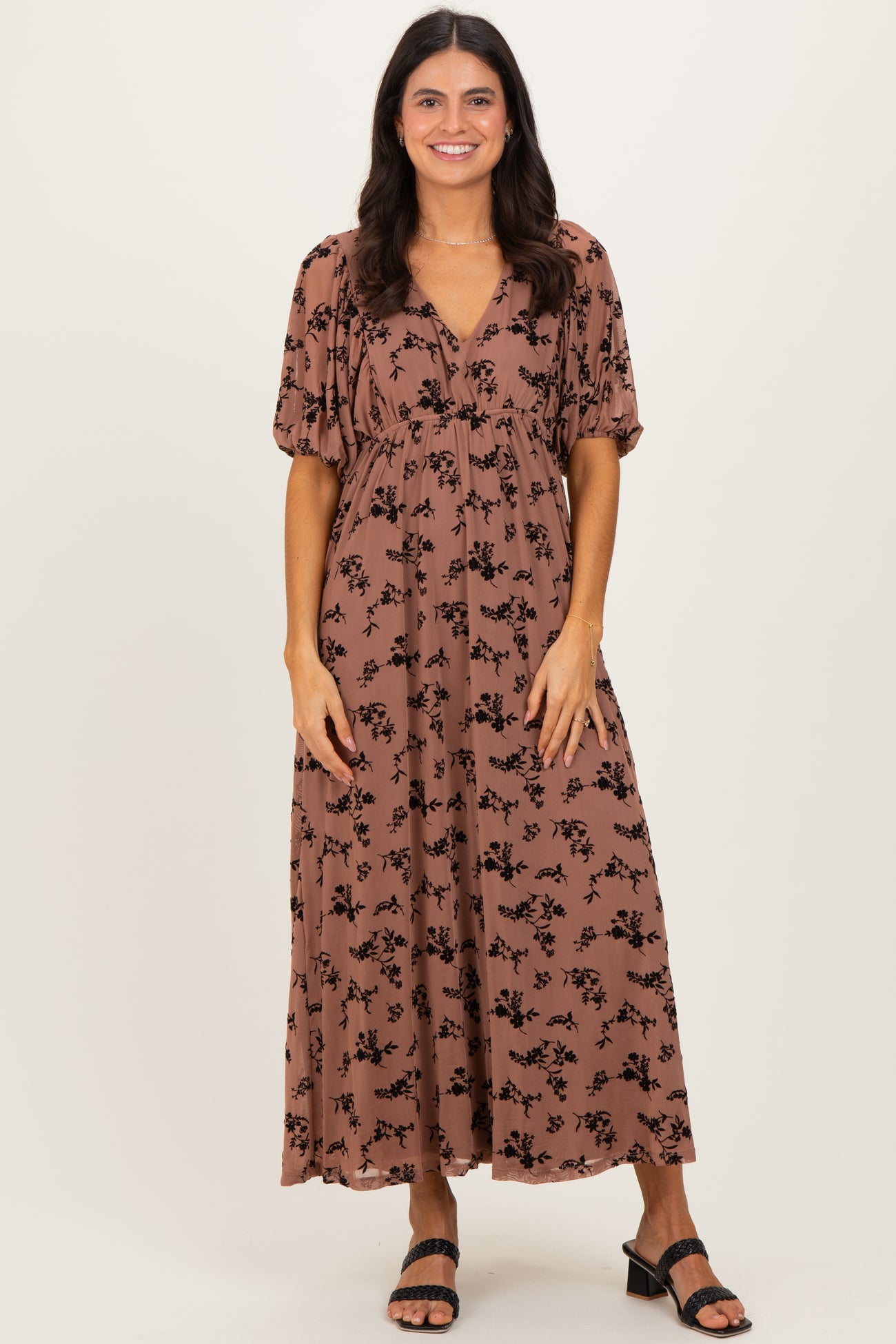 Mocha/Brown Floral Mesh 3/4 Sleeve V-Neck Maternity Maxi Dress