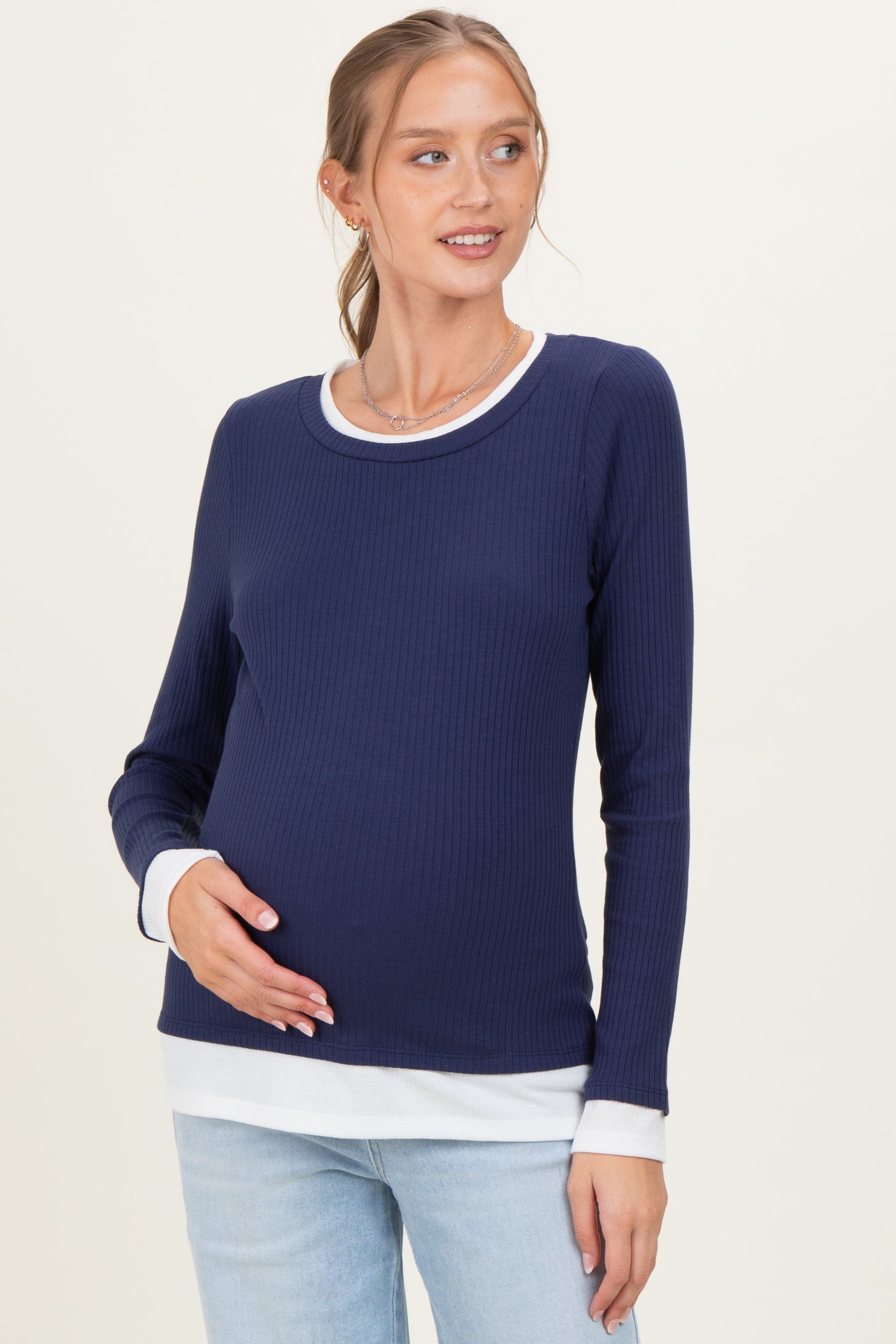 Navy Ribbed Long Sleeve Double Layer Maternity Top