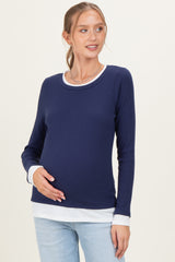 Navy Ribbed Long Sleeve Double Layer Maternity Top